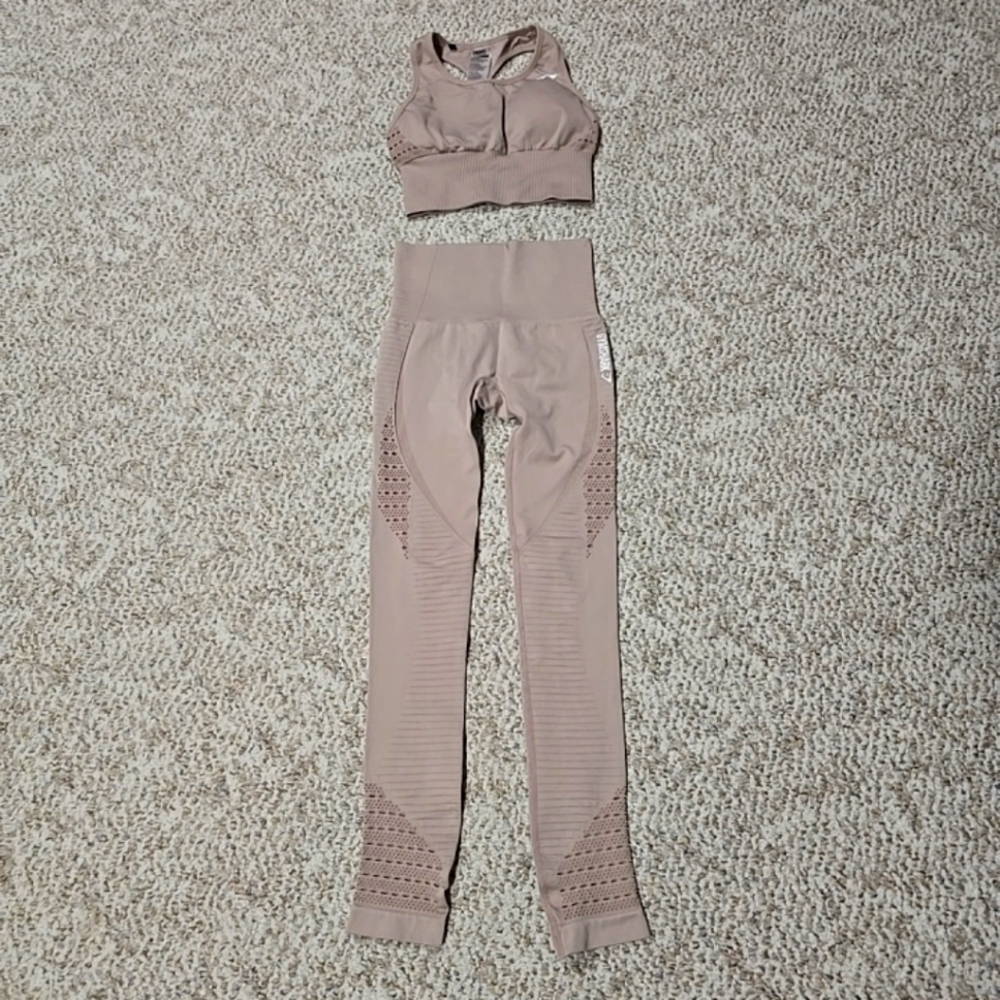 Gymshark 2pc Set Womens XS Taupe Seamless Breathable High Waist Train Running